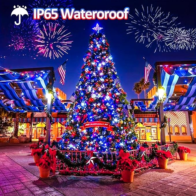 EEW 2pk Red White and Blue Solar String Lights Outdoor Waterproof, Solar Powered LED Patriotic Lights 200 LED, Solar Tree Lights for Independence Day Decor 4th of July Memorial Day Decorations-VerdiqueGarden