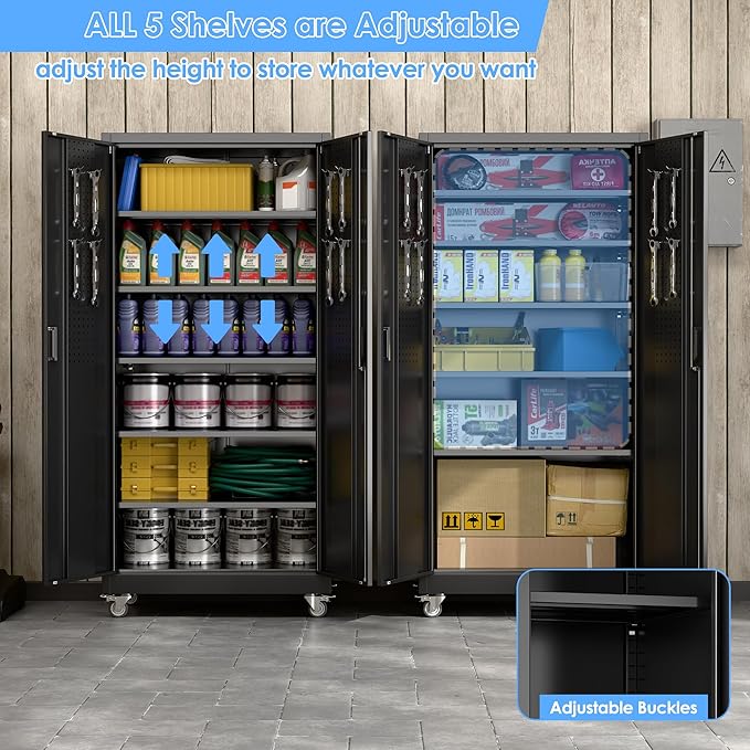 Garage Storage Cabinet with Wheels & Pegboard, 71" H×34" W×18" D Locking Metal Storage Cabinet with 2 Doors and 5 Adjustable Shelves for Garage Workshop Home, Black, Assembly Required-VerdiqueGarden
