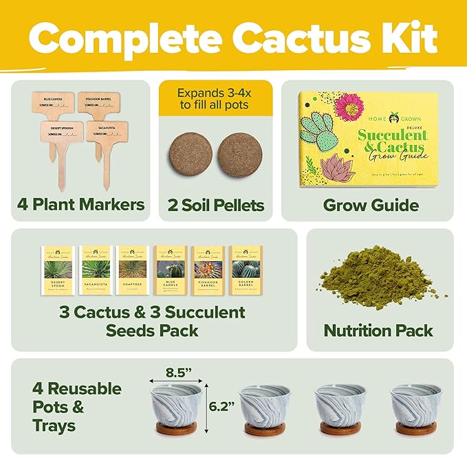 HOME GROWN Deluxe Succulent & Cactus Seed Grow Kit - Indoor Cactus & Succulent Kit w/Cactus Seeds, Potting Soil, Ceramic Succulent Pots, Water Drip Trays, Grow Guide for Plant Lovers-VerdiqueGarden