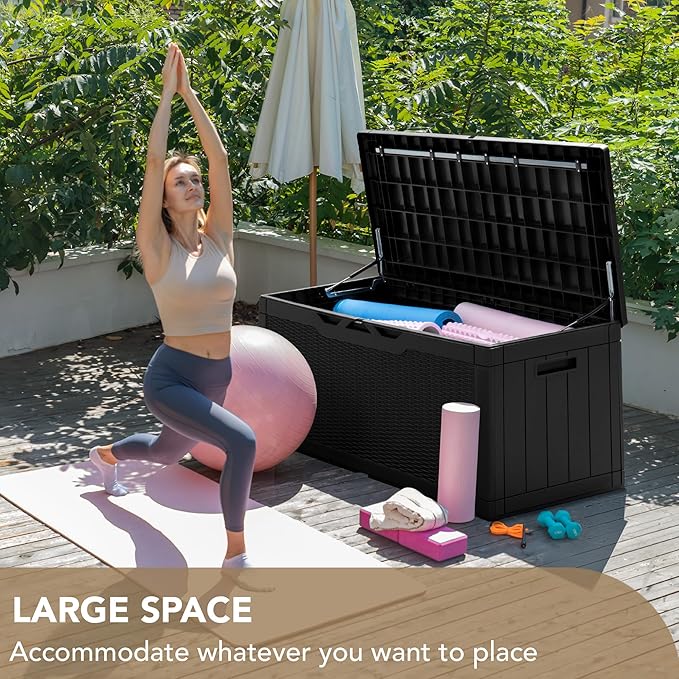 Devoko 100 Gallon Deck Box, Waterproof Outdoor Storage Box with Cushion (Black)-VerdiqueGarden