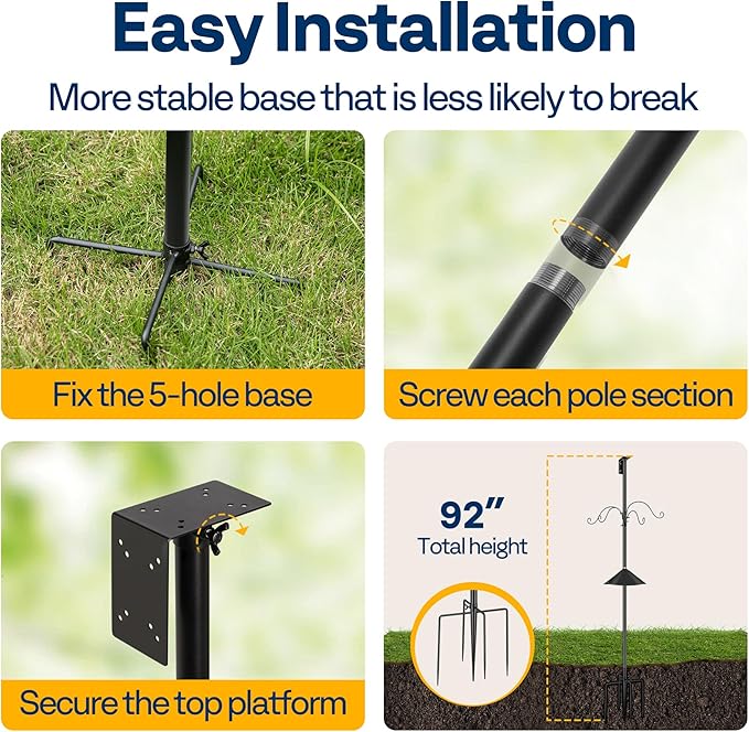 VIVOHOME 92 Inch Bird Feeder Pole with Squirrel Baffle and 4 Hooks, Outdoor Bird House Pole Mount Kit with 5 Prong, Heavy Duty Adjustable Bird Feeder Stand-VerdiqueGarden