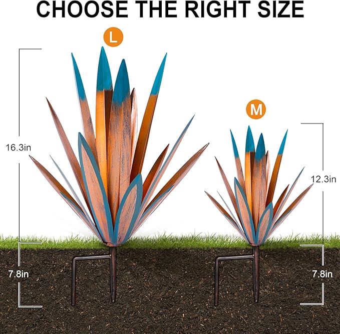 Homight Metal Agave Plants Outdoor Decor Mexican Yard Art Plants Garden Decor for Outside Metal Art Flowers Gifts for Butterflies Bees Birds for Gifts (1big&1small)-VerdiqueGarden