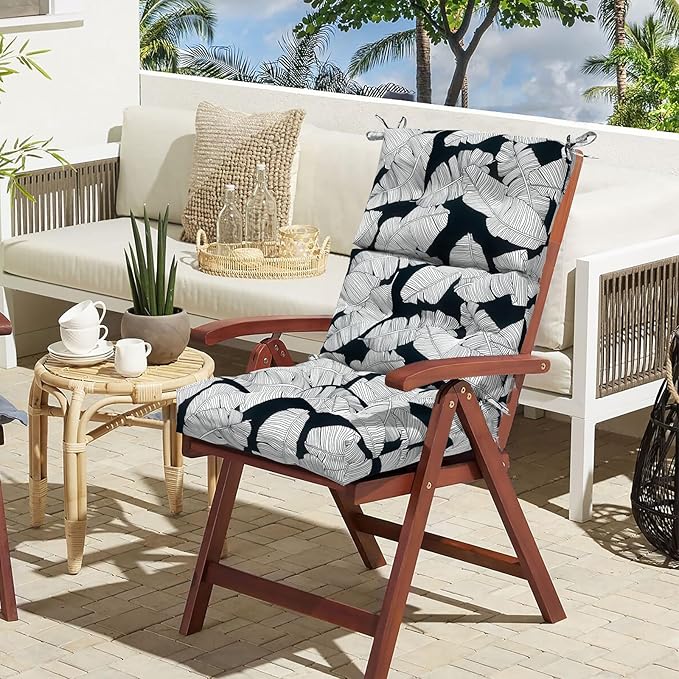 LVTXIII Outdoor Seat/Back Chair Cushion Patio Tufted High Back Cushion, Seasonal Replacement Rocking Chair Cushion with Ties (44” L x 22W”, Set of 2, Black Lush Leaf)-VerdiqueGarden