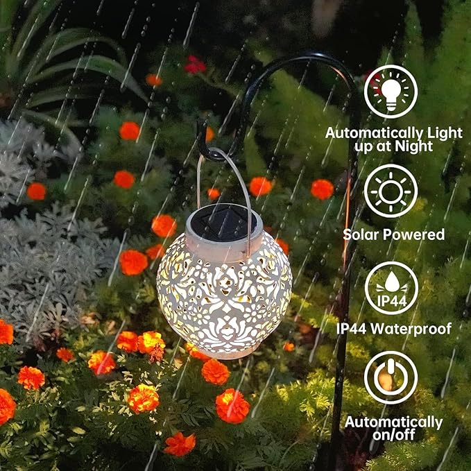 Set of 2 Outdoor Solar Hanging Lantern Lights Metal LED Decorative Lamp for Garden Patio Courtyard Lawn and Table with Hollowed-Out Design (White)-VerdiqueGarden