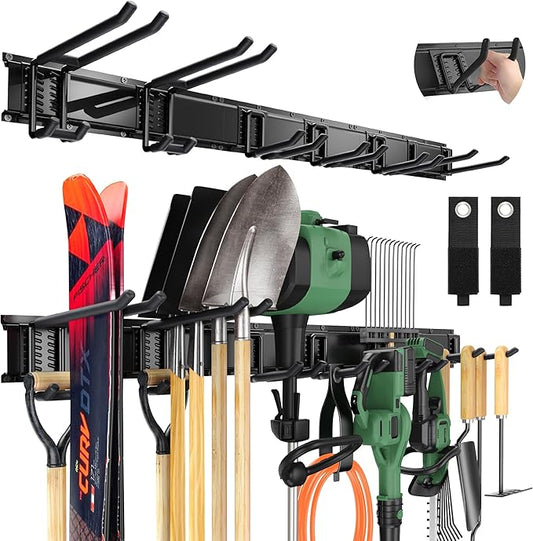 LBT 49.5"Garage Tool Organizer Wall Mount 500lbs Garden Tool Organizer for Garage with Adjustable Hooks,Heavy Duty Yard Tool Storage Rack, Anti-Rust Shed Rack Holder Hanging Rake Broom Mower Snowboard-VerdiqueGarden