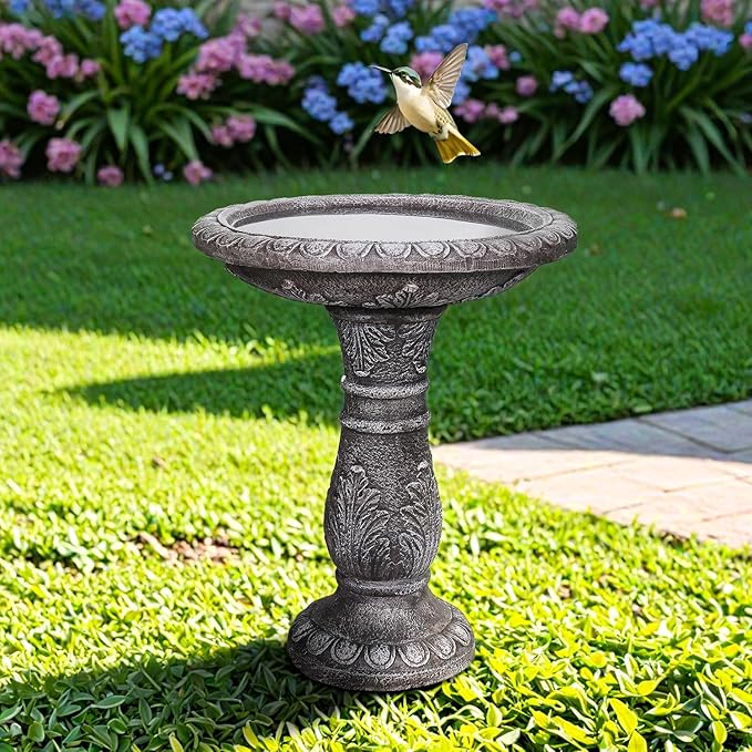 SunJet 24.4” H x 20” Dia Outdoor Birdbath with Intricate Floral Carvings Pedestal - Fibre Reinforced Concrete Birdbaths, Vintage Design for Garden Decor & Bird Attraction-VerdiqueGarden