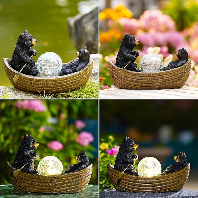 Goodeco Solar Bears Boating Statue - Waterproof Outdoor Bear Decor with Solar Gazing Ball Lights - Great Gift for Bear Lovers and Garden Enthusiasts - Ideal Gifts for Mom & Birthdays-VerdiqueGarden
