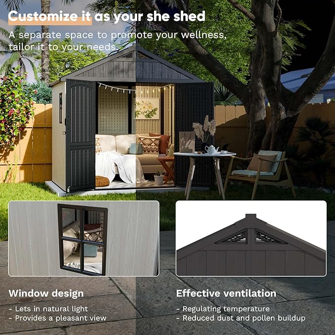Patiowell 8 x 6 FT Plastic Outdoor Storage Shed with Floor, Resin Shed with Window and Lockable Door for Garden, Backyard, Tool Storage Use, Easy to Install in Beige (Kick-it Shed)-VerdiqueGarden