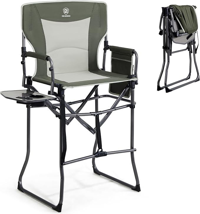 EVER ADVANCED Portable 30.7" Seat Height Tall Folding Camping Chair Directors Chair High Foldable Bar Stool with Side Table for Makeup Artist, Sports Event, Craft Show, Supports 350LBS Green Grey-VerdiqueGarden