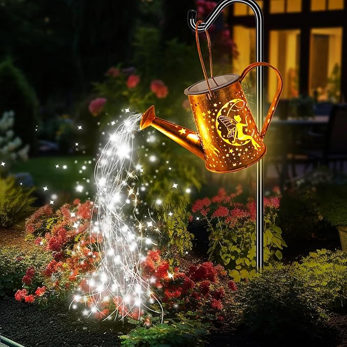 Big Solar Powered Watering Can Lantern & Moon Fairy Garden Decor Set Outdoor Waterproof Hanging Path Lights with Shepherd Hooks, Perfect Patio Decor Gardening Gift for Women, Mom, Grandma (Cool White)-VerdiqueGarden