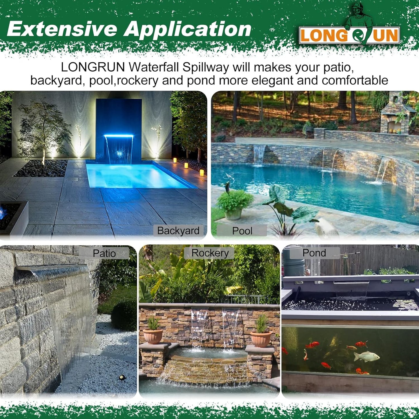 LONGRUN Pool Fountain Stainless Steel Outdoor Pond Spillway Waterfall with Wider Water Flow Platform Multi-Color LED Light Spray Indoor Waterfall Fountains for Garden-23.6" x 8" x 3.94"(W x D x H)-VerdiqueGarden