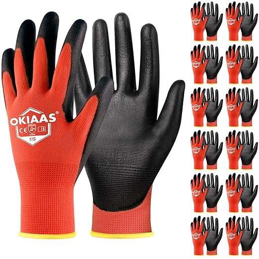 OKIAAS Men's Lightweight Construction Gloves with Grip, 12 Pairs, Red, Small-VerdiqueGarden