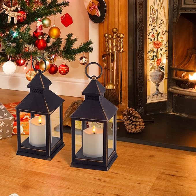 Vintage Golden Brushed Black Lantern Decorative LED Flickering Flameless Candle with Timer, Battery Powered LED Decorative Hanging Lanterns for Indoor Outdoor Garden Yard Home Decor(2 Pack)-VerdiqueGarden