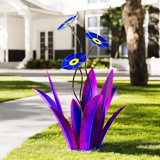 Upgraded Large Metal Yard Art, Agave Plant Yard Decorations Outdoor Sculpture, Flowers for Outside, Waterproof Outdoor Garden Decor (Purple + Blue Flower)-VerdiqueGarden