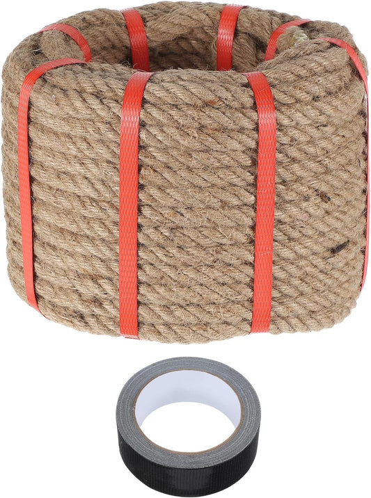 MECCANIXITY Jute Rope 0.8 Inch x 85ft, Thick Twine Rope Ropes Braided Jute Twine Natural Brown Burlap Cord String Heavy Twisted with Tape for Decorative Crafts Railing Swing Tug of War-VerdiqueGarden