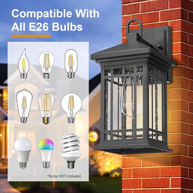 Outdoor Porch Lights Wall Mount, 12.4 Inch Outdoor Wall Lantern With E26 Sockets & Seeded Glass, Classic Exterior Lighting Fixtures, Waterproof Porch Light Fixtures For Garage (Bulbs Not Include)-VerdiqueGarden