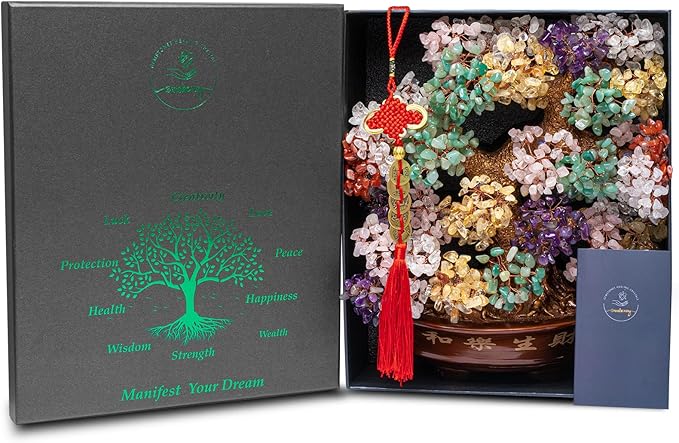 Natural Aventurine (1,251 Gemstone Count) Chakra Crystal Tree with Healing Properties - Home & Office Bonsai Feng Shui Money Tree Decoration for Luck, Success and Intelligence - 14"-VerdiqueGarden