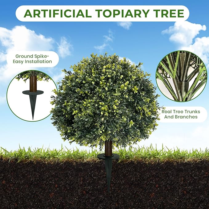 ICX 2 Pack 24" Artificial Boxwood Topiary Ball Trees with Ground Spike,Artificial Plants Outdoor,Fake Bushes & Shrubs for Porch, Garden, Front Porch Decor - Indoor/Outdoor Faux Plants-VerdiqueGarden
