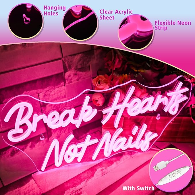 Break Heart Not Nails Neon Sign for Wall Decor,Neon Light Pink LED Neon Light for Bedroom Nails Salon Beauty Room Shop Decoration Gift-VerdiqueGarden