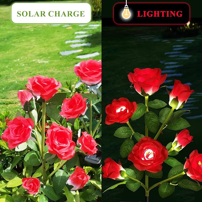 1 Pack Solar Garden Lights Outdoor, 7-Flower Rose Solar Lights for Yard, LED Solar Powered Stake Lights for Patio Pathway Lawn Fence Cemetery, Red-VerdiqueGarden