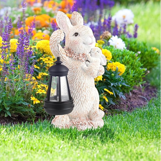 ILLUMINEW Solar Garden Statues Rabbit Lights, Outdoor Lighted Bunny Garden Decor Waterproof Figurines for Patio Porch Balcony Yard Lawn Lantern, Unique Easter Gifts for Mom Grandma Mother-VerdiqueGarden
