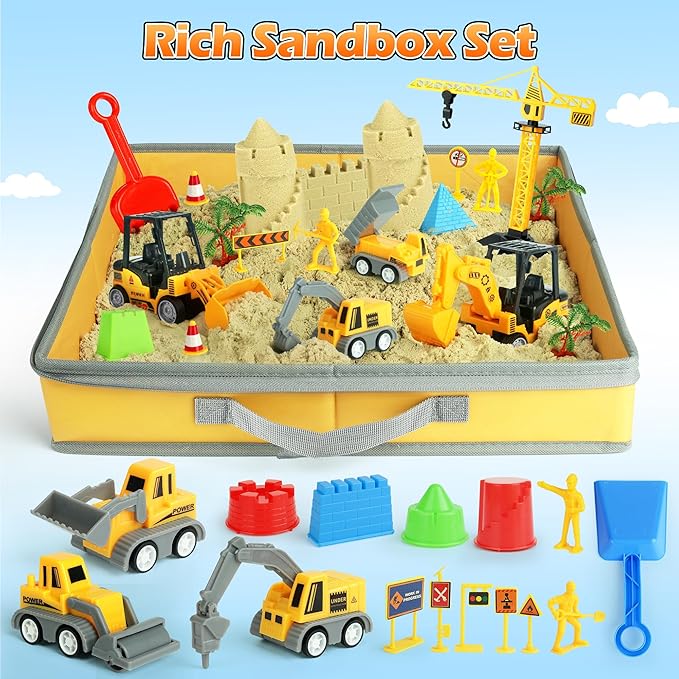 Sand Construction Site Kit - 37 Pcs Play Sand Art Kit with 8 Construction Trucks, Folding Sandbox, 2.2 lbs Magic Sand, Crane, Worker, Road Signs, Molds, Shovel - Ideal Toys for Boys Girls Age 3+-VerdiqueGarden