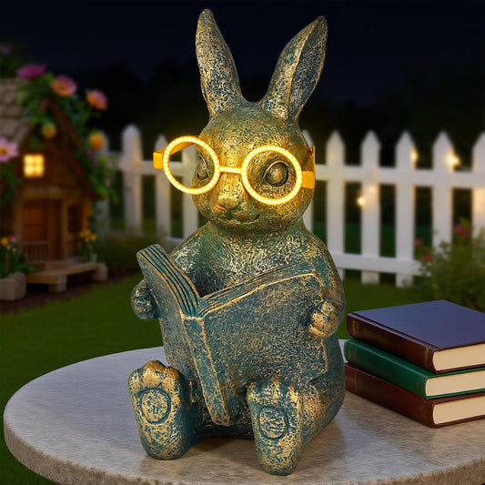 Solar Garden Decor, Adorable Rabbit Statue with Solar-Powered Glasses, Outdoor Bunny Figurine Lights for Patio, Yard & Balcony, for Kids, Mom & Grandma-VerdiqueGarden