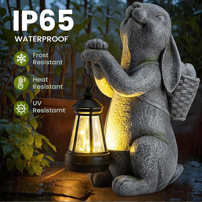 Solar Garden Outdoor Statues Rabbit with Solar Lantern,Outdoor Bunny Figurines Decorations,Lawn Decor Bunny Statue for Patio, Balcony, Yard Ornament,Unique Housewarming and Easter Gifts-VerdiqueGarden