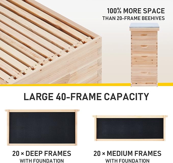 CREWORKS Bee Hive Boxes Starter Kit, Langstroth Beehive for Bee Keeping, 4 Layer Bee House with 20 Medium and 20 Deep Frames & Foundations, Beekeeping Supplies with Plastic Queen Excluder and Nails-VerdiqueGarden