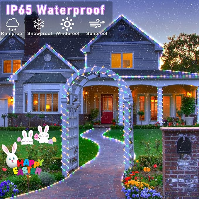 66FT 200 LED Rope Lights for Outside, Easter Lights Outdoor with Waterproof 8 Modes, Flexible and Connectable Plug in String Lights for Indoor Patio Pool Party Easter Decorations, Pastel Multicolor-VerdiqueGarden
