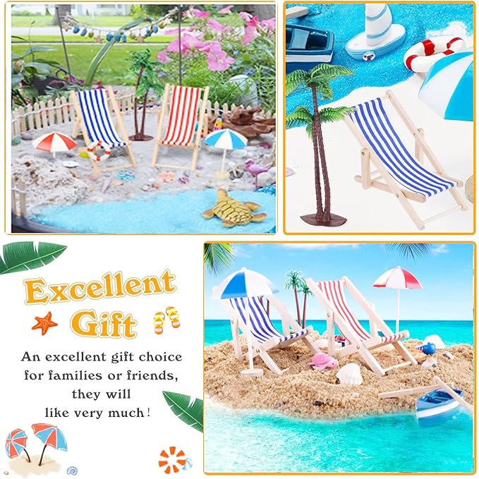 31 Pcs Beach Microlandscape Miniature Dollhouse Decoration, Maritime Decoration with Mini Beach Umbrella Mini Chair Miniature Coconut Tree Beach Decor for DIY Garden Plant Pool-VerdiqueGarden