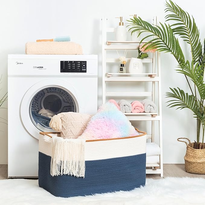 MINTWOOD Design 22in Extra Large Blanket Basket Holder Living Room, Rectangle Rope Woven Storage Basket with Handles for Laundry, Pool Towels, and Shoes, Dog Toy Organizer Bin Box, Prussian Blue-VerdiqueGarden