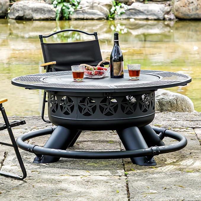 47 Inch Outdoor Fire Pit with 2 Grills, Extra Large BBQ Firepits for Outside, Metal Round Fire pits with Lid&Fire Poker,3 in 1 Wood Burning Outdoor Fireplaces for Backyard,Patio,Bonfire-VerdiqueGarden