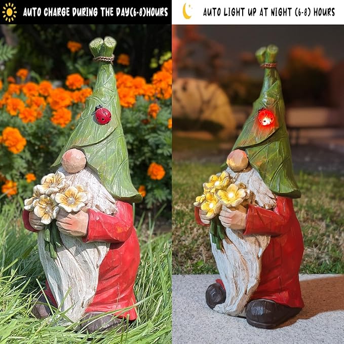 Garden Gnome Statue Outdoor Decor, Solar Garden Gnome Figurine Light, Resin Statues Sculpture for Patio Yard Lawn Outdoor Decorations-VerdiqueGarden