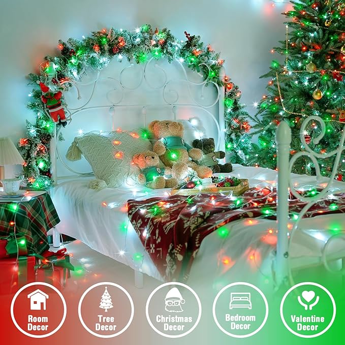 JMEXSUSS Connectable Red White and Green Christmas Lights, 8 Modes 100 LED Twinkle String Lights Indoor, Clear Wire Plug-in String Lights Outdoor Waterproof-VerdiqueGarden