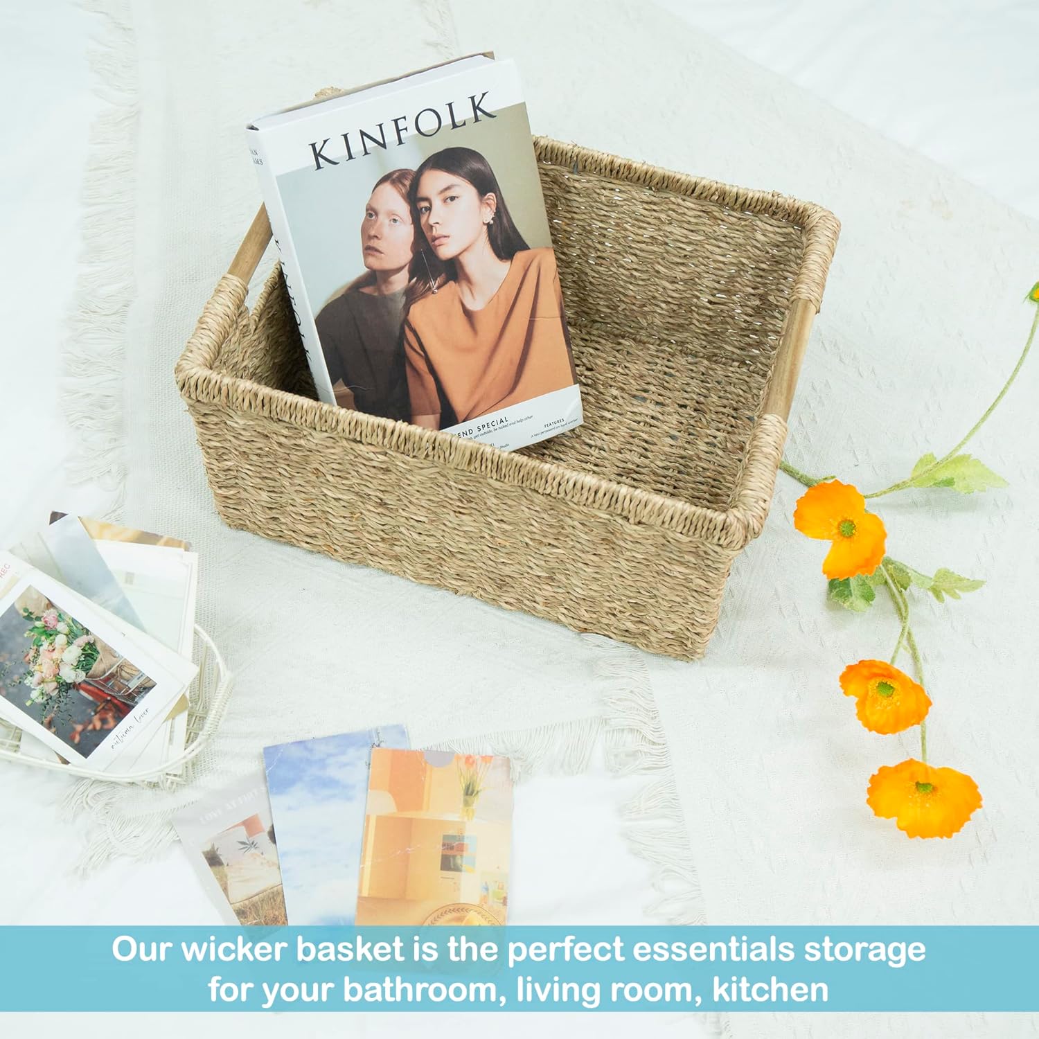 Large Wicker Basket Rectangular with Wooden Handles for Shelves, Seagrass Basket Storage, Natural Baskets for Organizing, Wicker Baskets for Storage - 3 Pack Large-VerdiqueGarden