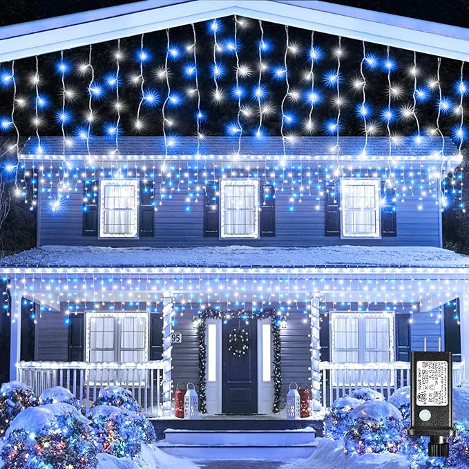 Christmas Icicle Lights Outdoor, 66Ft 640 LED Icicle Lights for Outside with 8 Modes Timers, Waterproof Plug in Twinkle String Light for Yard Eave Patio Party Holiday Decorations, Blue White-VerdiqueGarden