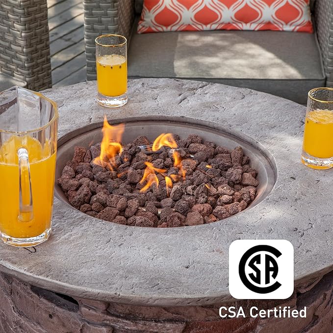 COSIEST Outdoor Propane Concrete Fire Pit Table w Imitation Stone Surface 32-inch Round Fire Table, CSA Certified, 40,000 BTU Stainless Steel Burner, Free Lava Rocks, Fits 20lb Tank Inside-VerdiqueGarden