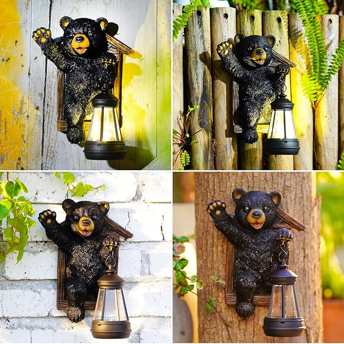 Black Bear Decor with Solar Lantern Tree Hugger - 7 Inch Bear Statue Outdoor Garden Yard Decor,Best Bear Garden Gifts for Mom,Women-VerdiqueGarden