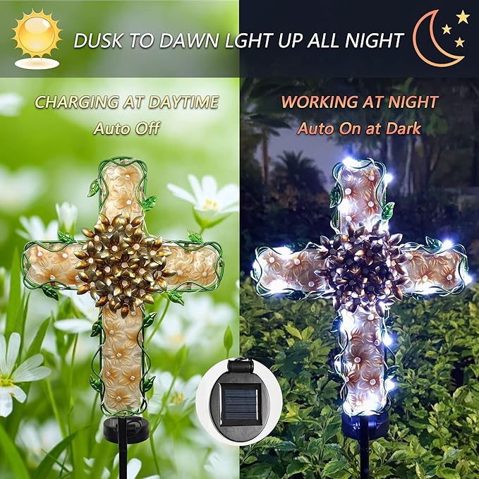 38inch Solar Cross Garden Lights Outdoor Decorative - Solar Metal&Glass Cross Apricot Hydrangea Flower Stake Lights- Waterproof 20 White LED for Remembrance Gifts & Sympathy Gifts-VerdiqueGarden