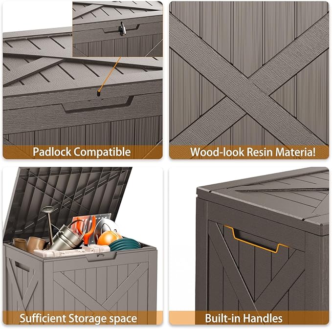 32 Gallon Resin Deck Box, Lockable Outdoor Storage Box for Patio Cushions Storage Furniture,Garden Tools, Pool Supplies, Weatherproof and UV Resistant (Grey X)-VerdiqueGarden