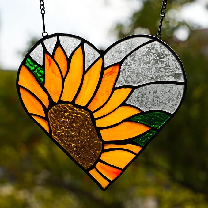 BOXCASA Sunflower Stained Glass Window Hangings,Sunflower Stained Glass Suncatcher,Heart Shape Sunflower Best Teacher Gifts for Women Birthday,Sunflower Decoration for Home Indoor Window-VerdiqueGarden