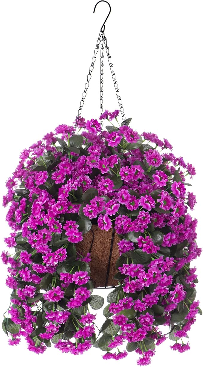 Hanging Baskets Artificial Flowers for Outdoor Interior Decor, Artificial Daisies Flowers Shrubs Plants with Baskets for Home Porch Garden Patio Patio Spring Summer Decor(Violet)-VerdiqueGarden