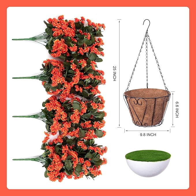 Hanging Baskets Artificial Flowers for Outdoor Interior Decor, Artificial Daisies Flowers Shrubs Plants with Baskets for Home Porch Garden Patio Patio Spring Summer Decor(Orange)-VerdiqueGarden