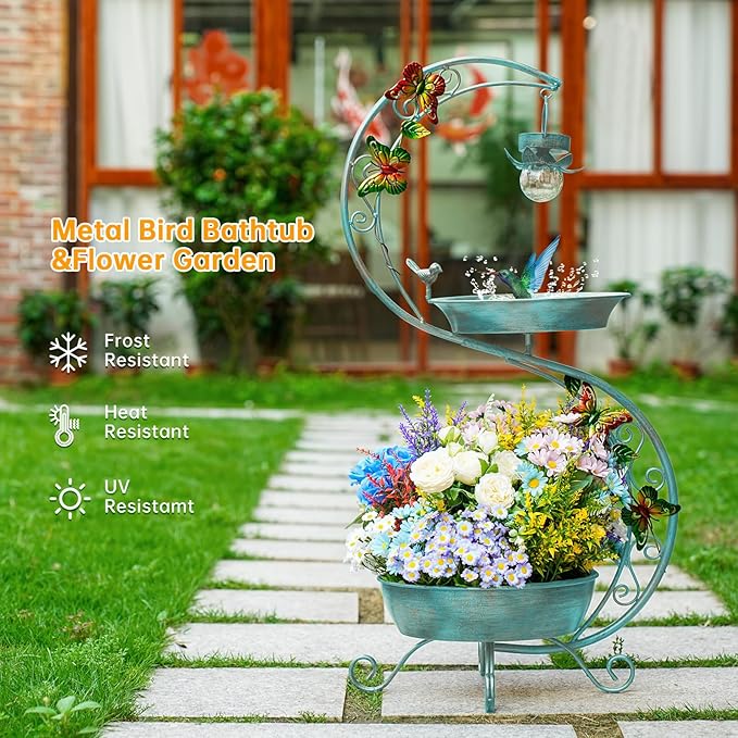 Bird Bath for Outside with Solar Lamp, 36" Birdbaths for Outdoors with Planter Flower Pot, Metal Bird Bath Bowl for Garden Yard Decor (All Blue Green)-VerdiqueGarden