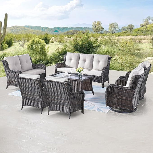 Outdoor Wicker Furniture Patio Set - 7 Piece Backyard Furniture Brown Rattan Conversation Sets with Swivel Rocker Chairs, Rattan Sofa, Club Chairs and Coffee Table, Beige Cushion-VerdiqueGarden
