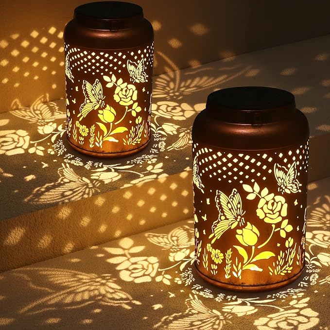 2 Pack Solar Lanterns Outdoor Waterproof, Butterfly Rose Garden Decor Birthday Gifts for Women Mom Grandma Hanging Solar Lights Metal Solar Decoration Outside for Yard, Patio, Lawn, Pathway-VerdiqueGarden