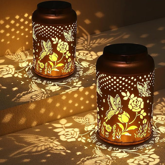 2 Pack Solar Lanterns Outdoor Waterproof, Butterfly Rose Garden Decor Birthday Gifts for Women Mom Grandma Hanging Solar Lights Metal Solar Decoration Outside for Yard, Patio, Lawn, Pathway-VerdiqueGarden