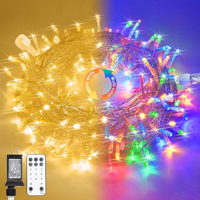 JMEXSUSS 33ft 100 LED Color Changing String Lights Plug in, Warm White & Multicolor Christmas Tree Lights Indoor, Christmas String Lights Outdoor Waterproof for Xmas Indoor Decor-VerdiqueGarden