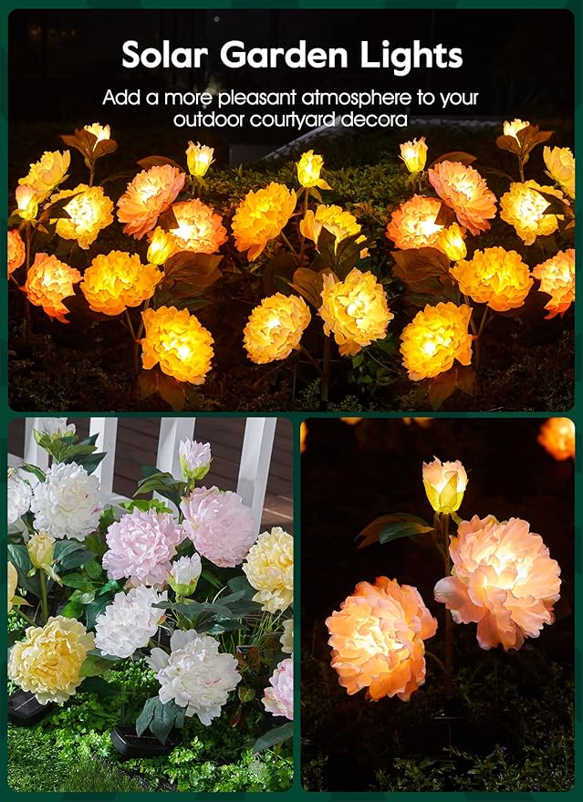 Outdoor Solar Flower Lights - 3 Pack Solar Garden Lights with Larger & More Realistic Peony, Bigger Solar Panel, Waterproof LED Solar Lights Outdoor for Yard Garden Lawn Pathway Decoration-VerdiqueGarden
